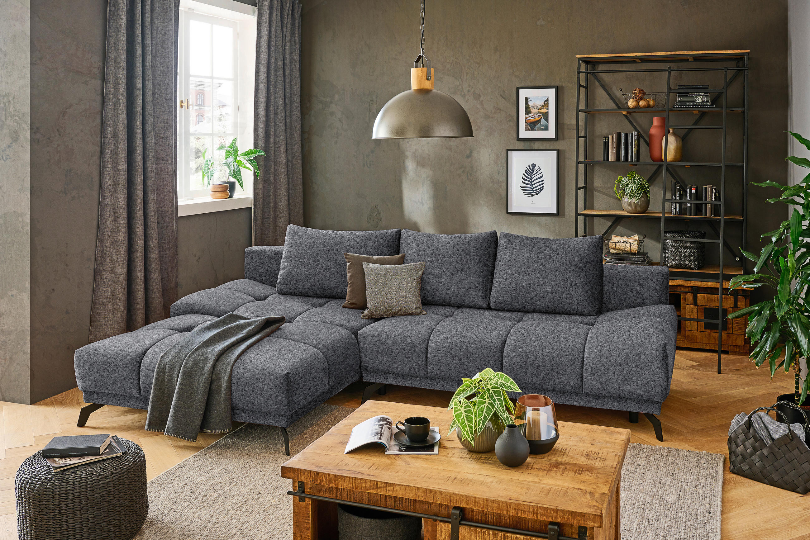 ECKSOFA in Chenille Dunkelgrau  - Dunkelgrau/Schwarz, Modern, Textil/Metall (182/290cm) - Hom`in