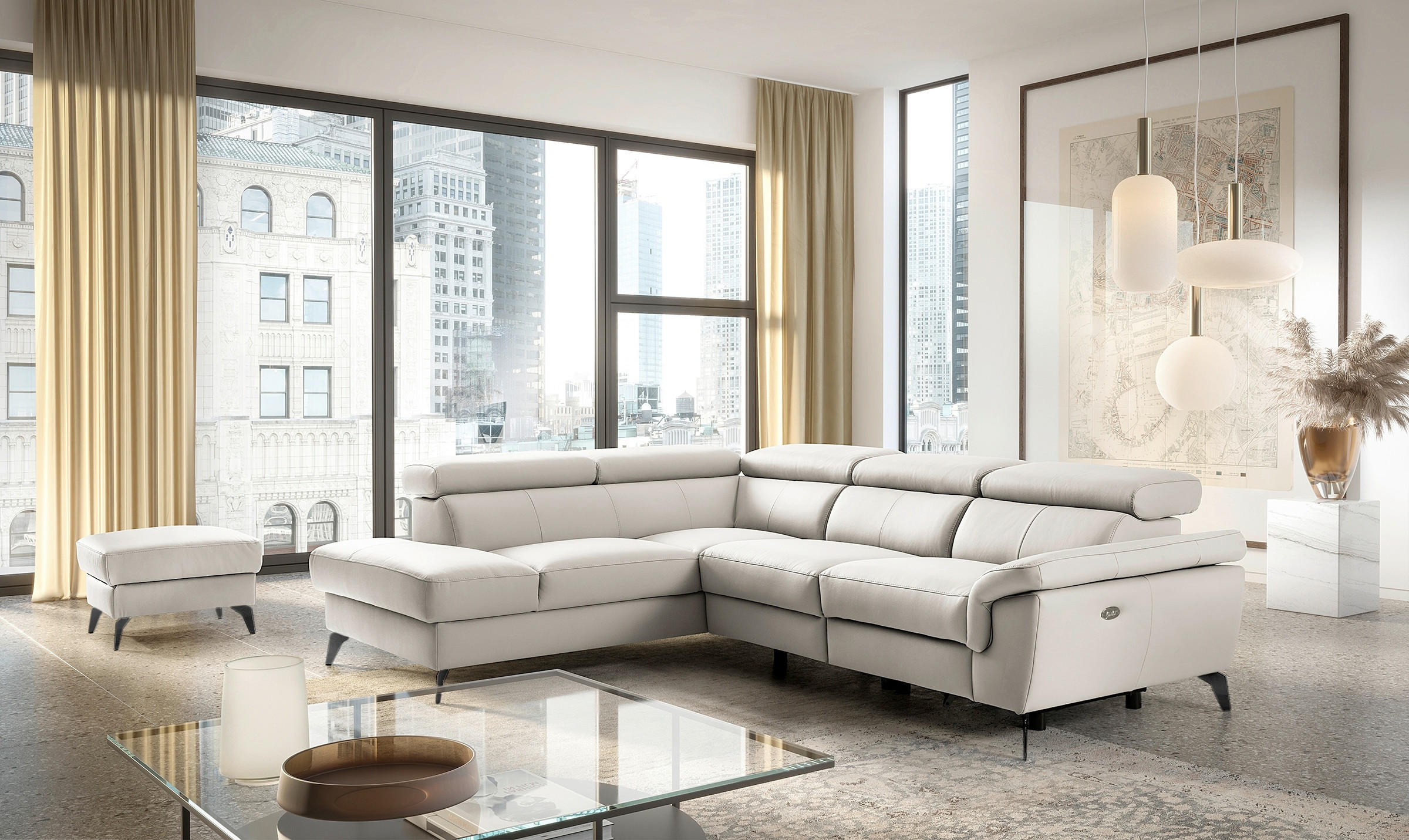 ECKSOFA SONO in Lederlook Echtleder Platinfarben Bettkasten, Armteilverstellung, Kopfteilverstellung  210/265 cm  - Platinfarben/Schwarz, Design, Leder/Textil (210/265cm) - Livetastic