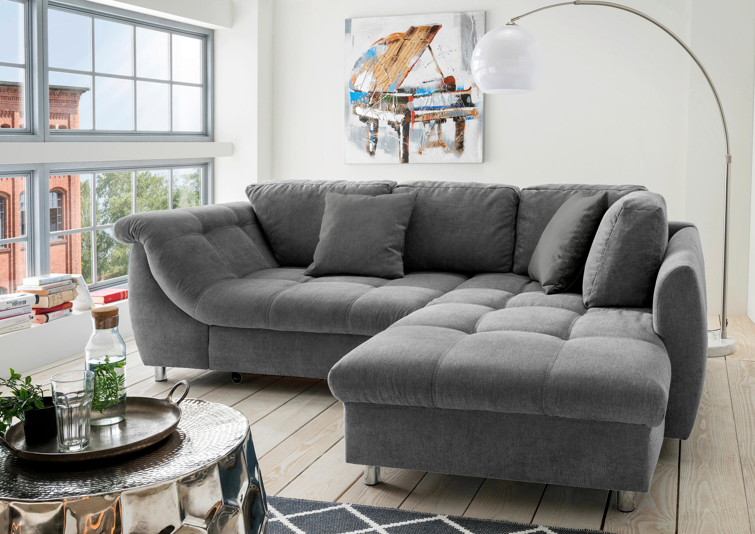 ECKSOFA Dunkelgrau Mikrofaser  - Chromfarben/Dunkelgrau, Design, Textil (250/190cm) - Livetastic