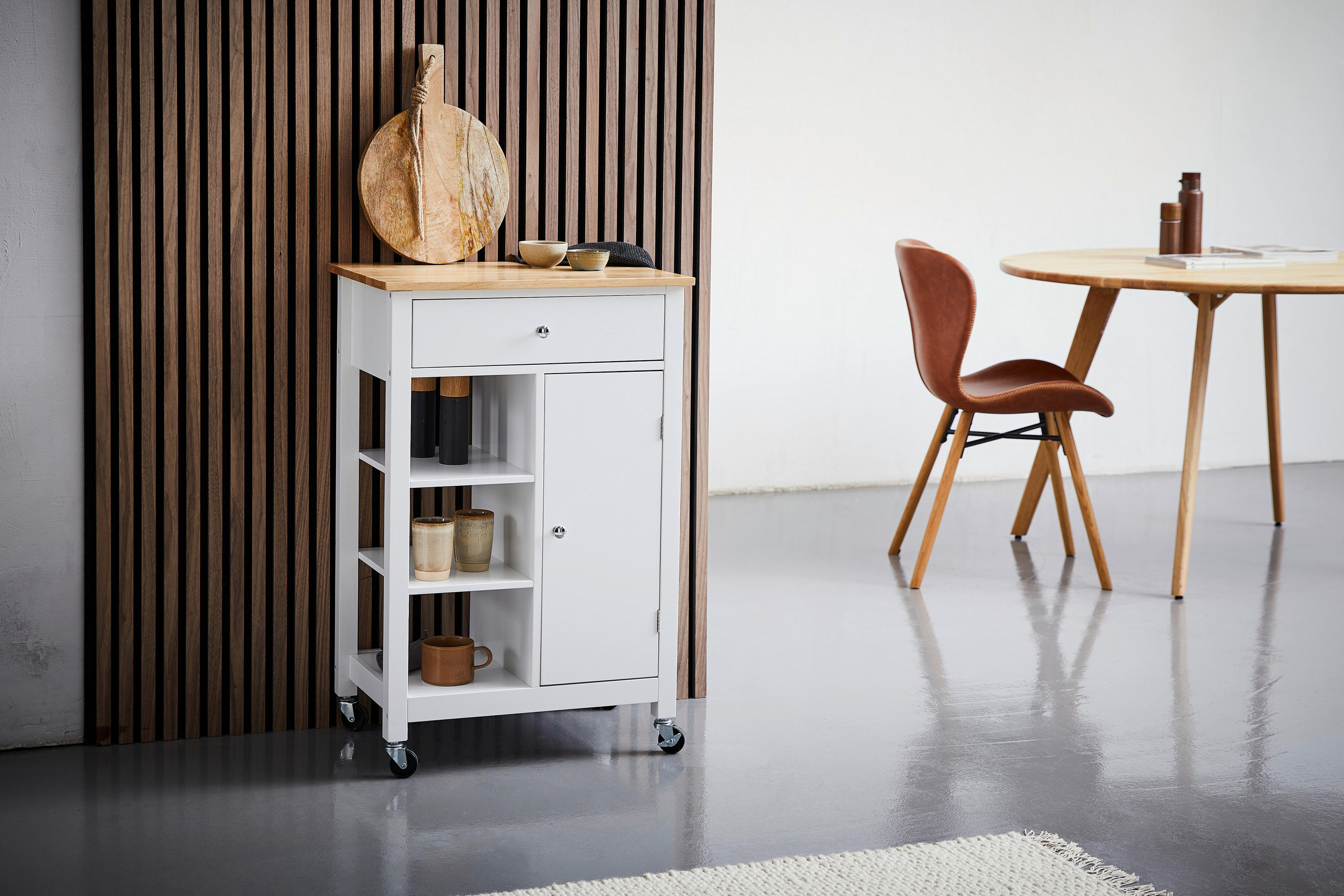 Thumbnail - Xora Servierwagen, Braun, Natur, Weiß, Metall, Kautschukholz, massiv, 2 Schublade(n) Schubladen, rechteckig, 40x86.5x57 ...