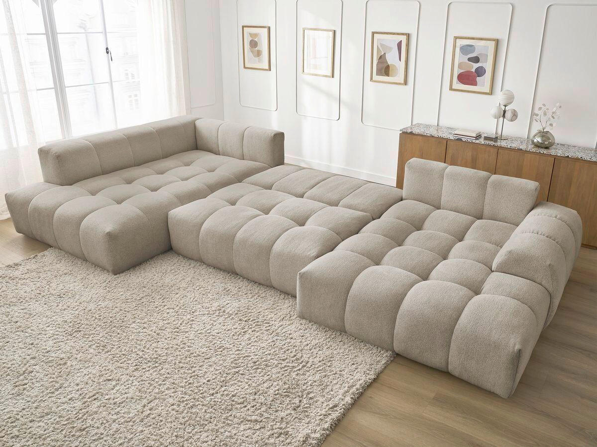 ECKSCHLAFSOFA EVEREST  mit Rücken echt, Armteil links, Armteil rechts Flachgewebe Taupe  - Taupe/Schwarz, MODERN, Kunststoff/Textil (212/423/198cm)