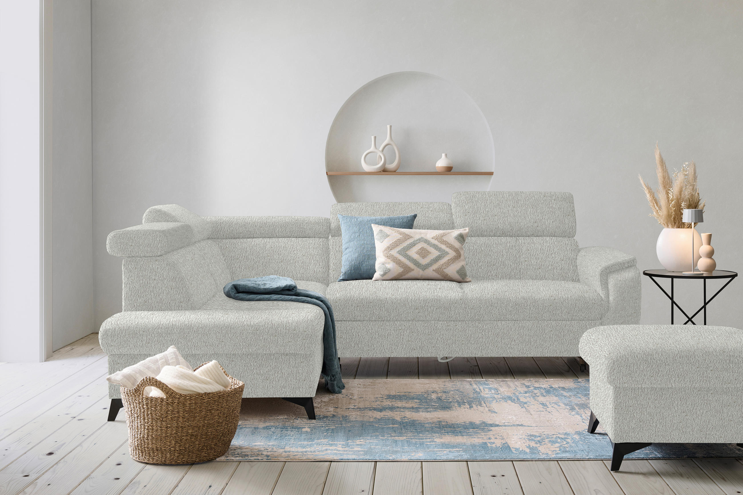 ECKSOFA in Teddystoff Silberfarben  - Silberfarben/Schwarz, Design, Textil/Metall (203/260cm) - Stylife