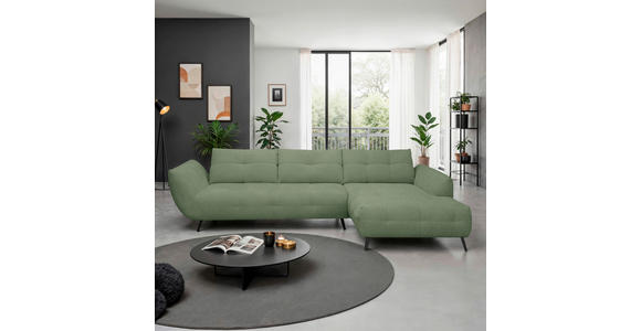 ECKSOFA Salbeigrün Chenille Armlehnenkissen, Rücken echt, Sitztiefenverstellung  - Salbeigrün/Schwarz, KONVENTIONELL, Textil/Metall (313/215cm) - Hom`in