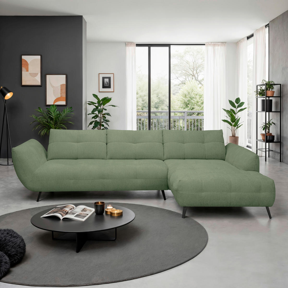 ECKSOFA Salbeigrün Chenille Armlehnenkissen, Rücken echt, Sitztiefenverstellung  - Salbeigrün/Schwarz, KONVENTIONELL, Textil/Metall (313/215cm) - Hom`in