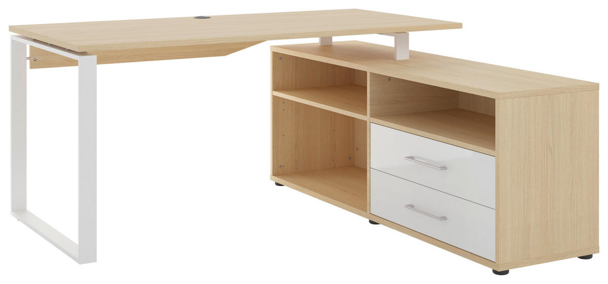 ECKSCHREIBTISCH 160/158/75 cm  in Weiß, Eichefarben  - Weiß Hochglanz/Eichefarben, Basics, Holzwerkstoff/Metall (160/158/75cm) - Novel