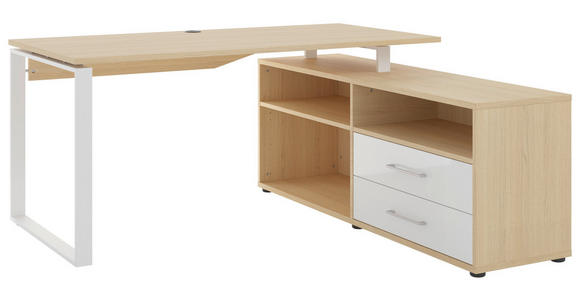 ECKSCHREIBTISCH 160/158/75 cm  in Weiß, Eichefarben  - Weiß Hochglanz/Eichefarben, Basics, Holzwerkstoff/Metall (160/158/75cm) - Novel