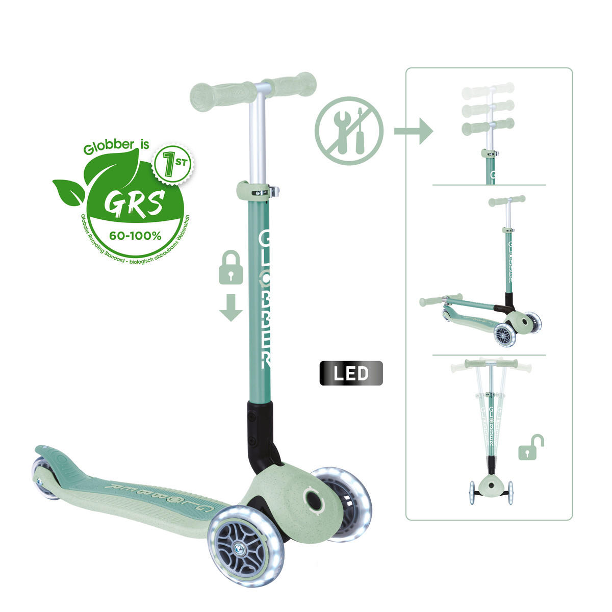 SCOOTER PRIMO FOLDABLE LIGHTS ECO  - Pastellgrün, LIFESTYLE, Kunststoff/Metall (57,5/28/77,5cm) - GLOBBER