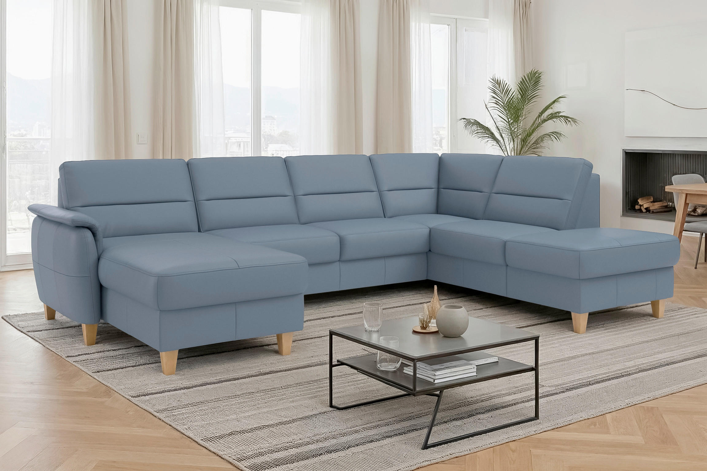 WOHNLANDSCHAFT PALMERA E in Echtleder Graublau  - Graublau/Eichefarben, Basics, Leder/Holz (163/308/212cm) - Sit & More