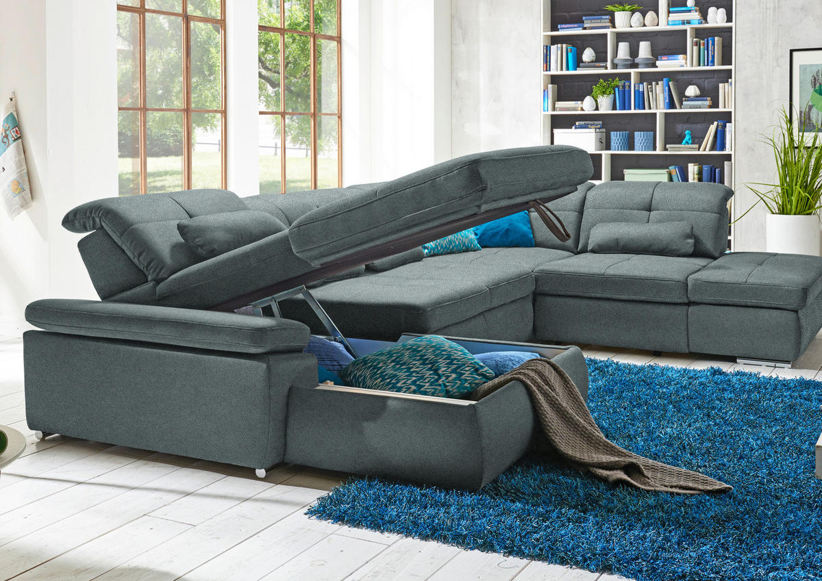 WOHNLANDSCHAFT Mikrofaser Blaugrau  - Chromfarben/Blaugrau, Design, Textil (195/371/260cm) - Beldomo Style