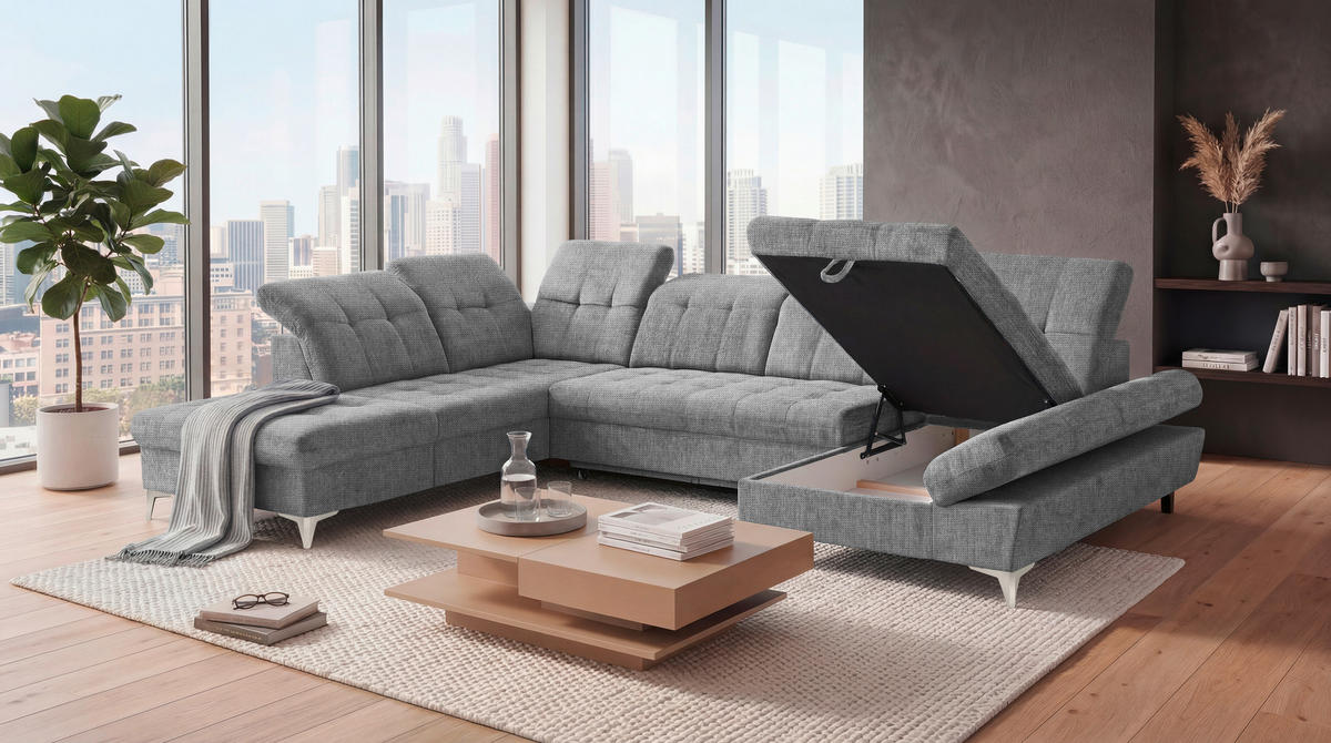 WOHNLANDSCHAFT Mikrovelours Grau  - Kaschmir/Grau, Modern, Kunststoff/Textil (245/348/168cm) - MID.YOU