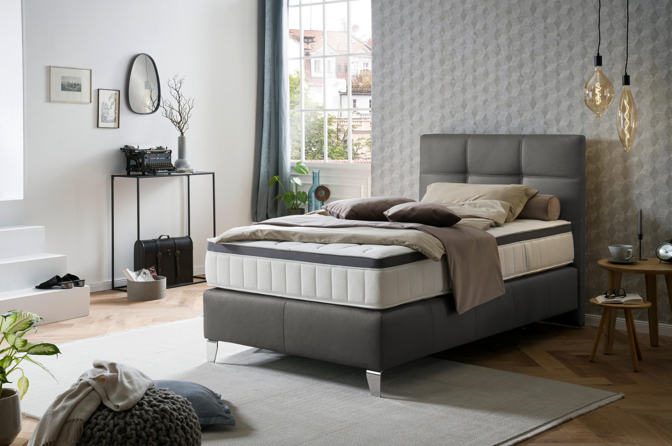 BOXSPRINGBETT 140/200 cm  in Anthrazit  - Chromfarben/Anthrazit, KONVENTIONELL, Leder/Textil (140/200cm) - Novel