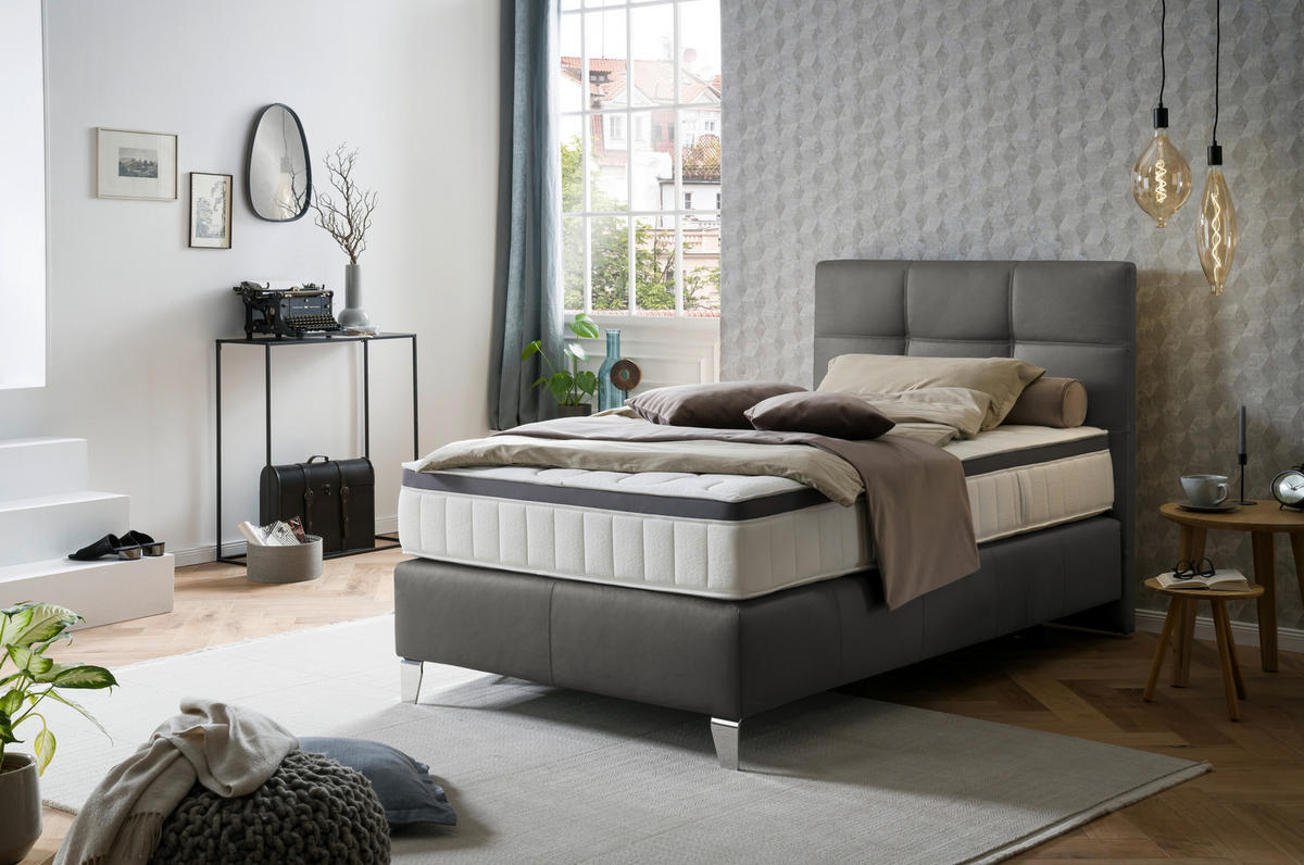 BOXSPRINGBETT 140/200 cm  in Anthrazit  - Chromfarben/Anthrazit, KONVENTIONELL, Leder/Textil (140/200cm) - Novel