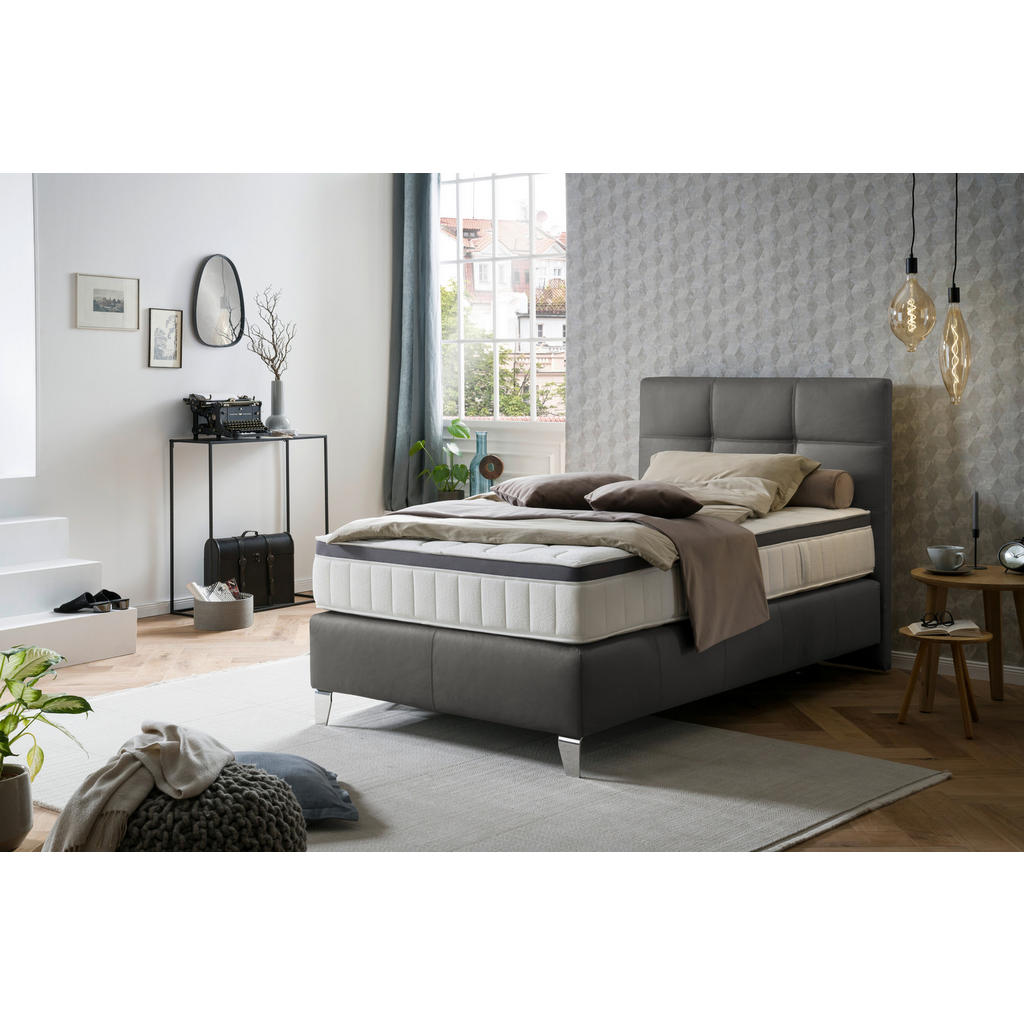 Thumbnail - Novel Boxspringbett, Anthrazit, Textil, Echtleder, Rindleder, H4, 7-Zonen, Höhe ca. 27 cm, 140x200 cm, Über- und Sonderg...
