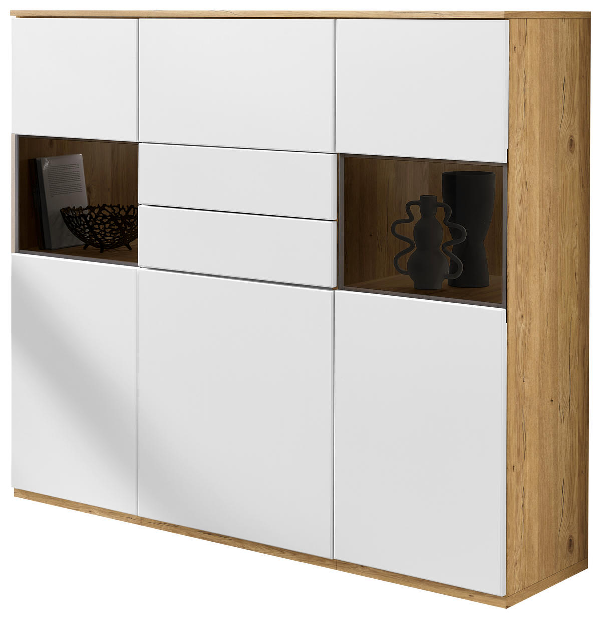 HIGHBOARD Weiß, Eichefarben  150/131/40 cm  - Eichefarben/Schwarz, KONVENTIONELL, Glas/Holzwerkstoff (150/131/40cm) - Venda