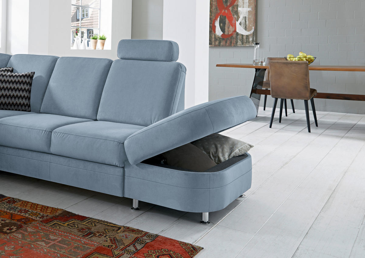 ECKSOFA in Flachgewebe Blau  - Blau/Alufarben, Konventionell, Textil/Metall (269/287cm) - Beldomo System