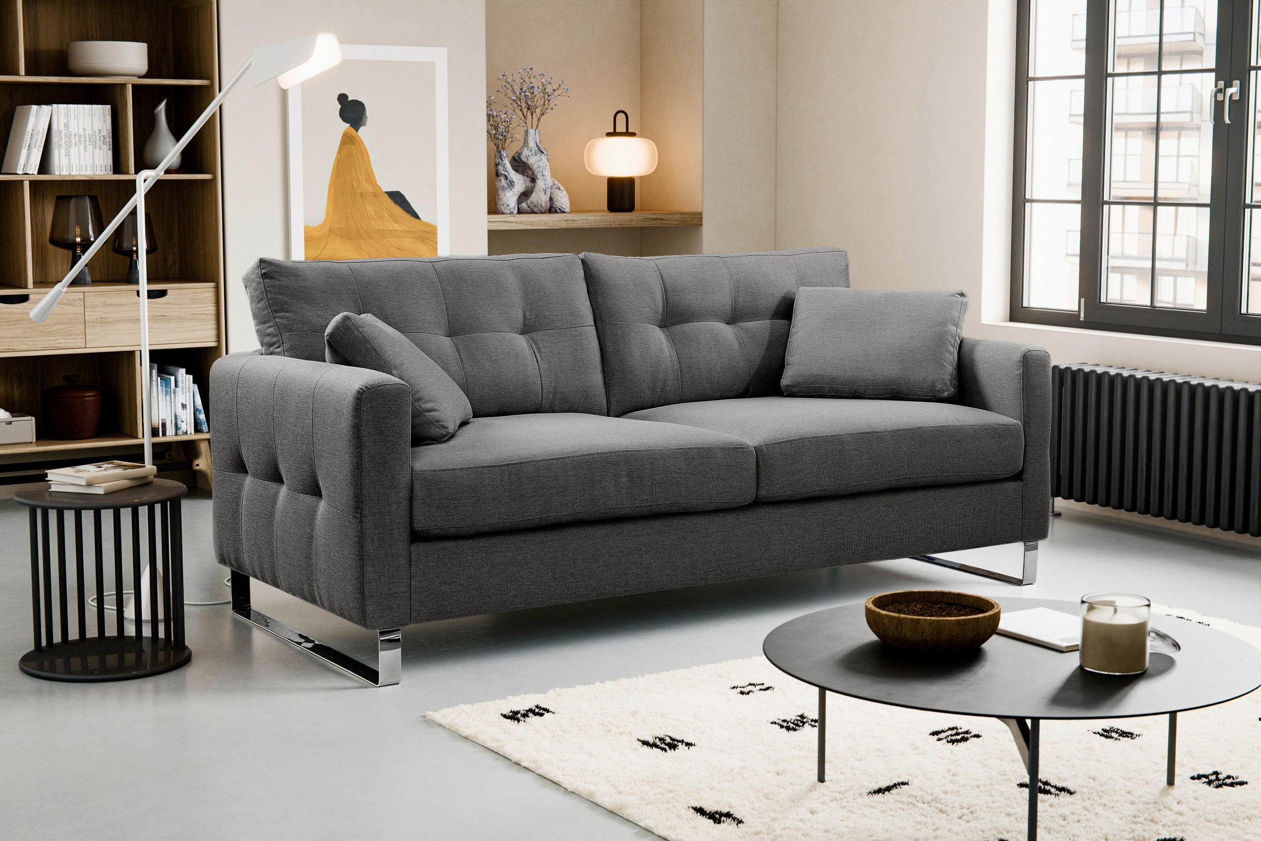 2,5-SITZER HERA Flachgewebe Grau  - Chromfarben/Grau, Basics, Textil/Metall (203/92/94cm) - MID.YOU