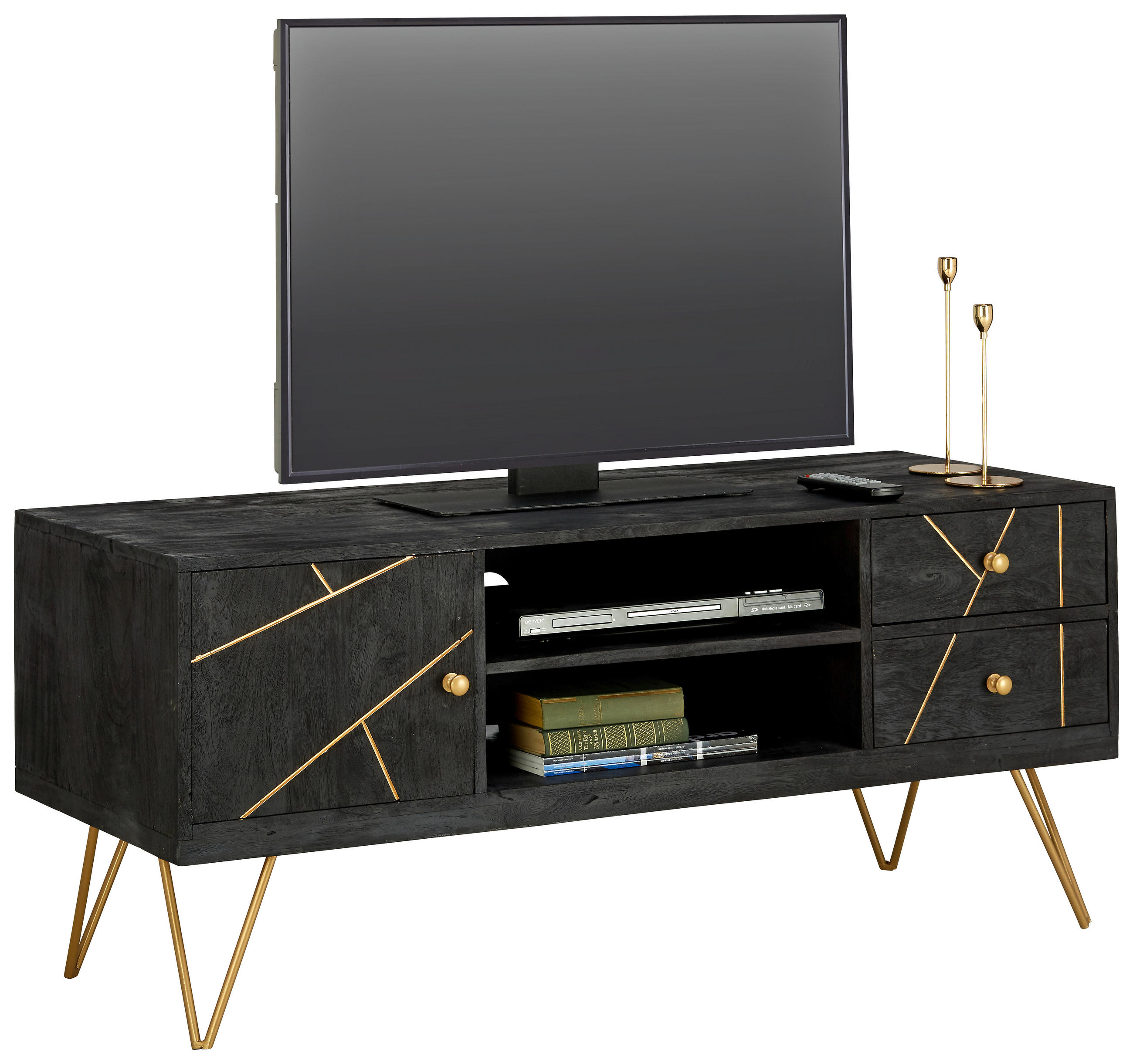 LOWBOARD Akazie massiv Schwarz, Goldfarben - Goldfarben/Schwarz, Trend, Holz/Metall (130/57/53cm) - Ambia Home