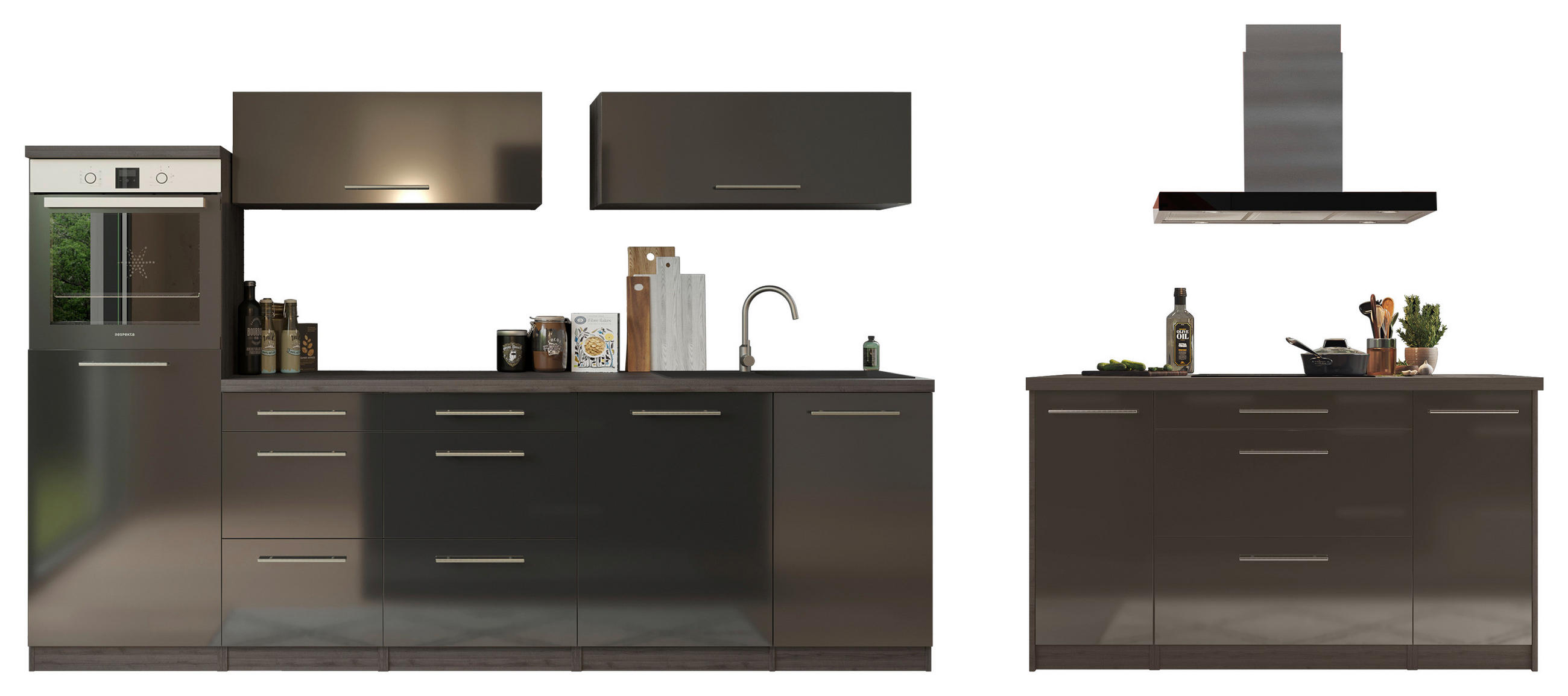 KÜCHENBLOCK 280/160 cm   in Grau, Schwarz  - Eichefarben/Schwarz, Basics, Holzwerkstoff/Metall (280/160cm) - Respekta