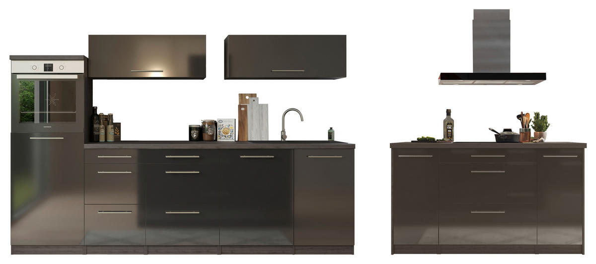 KÜCHENBLOCK 280/160 cm   in Grau, Schwarz  - Eichefarben/Schwarz, Basics, Holzwerkstoff/Metall (280/160cm) - Respekta