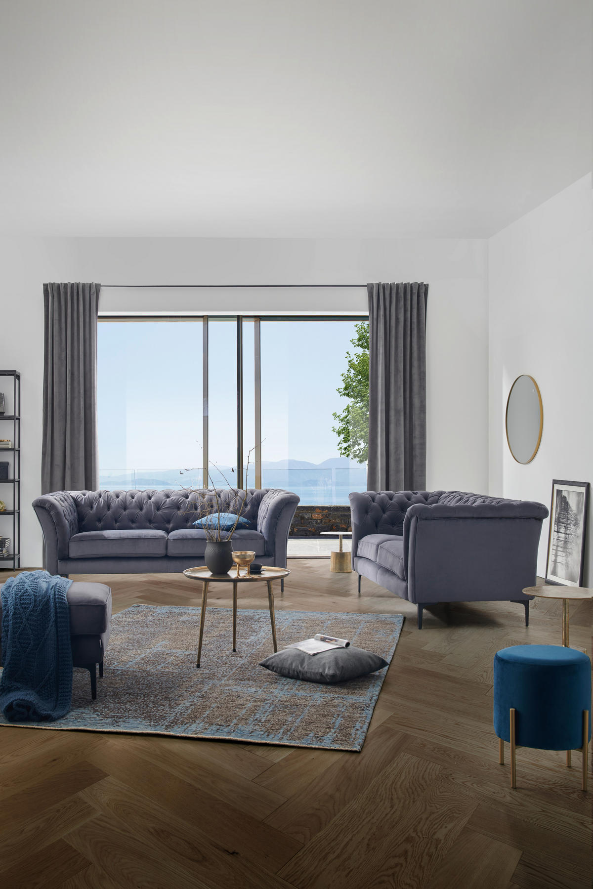 CHESTERFIELD-SOFA in Flachgewebe Anthrazit  - Anthrazit/Schwarz, Lifestyle, Textil/Metall (220/80/100cm) - Landscape