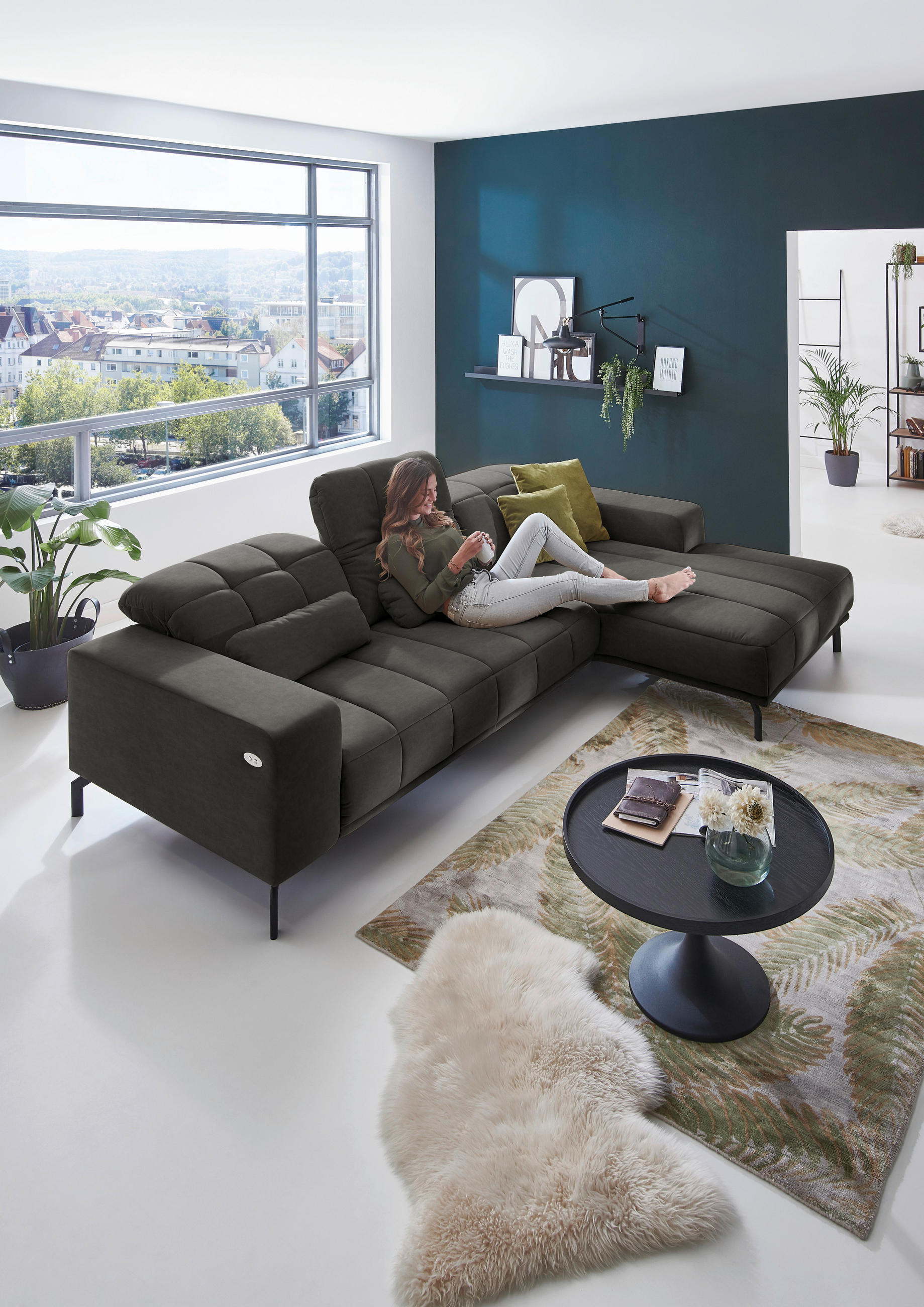 ECKSOFA in Velours Grau  - Schwarz/Grau, Design, Textil/Metall (293/195cm) - Beldomo Style