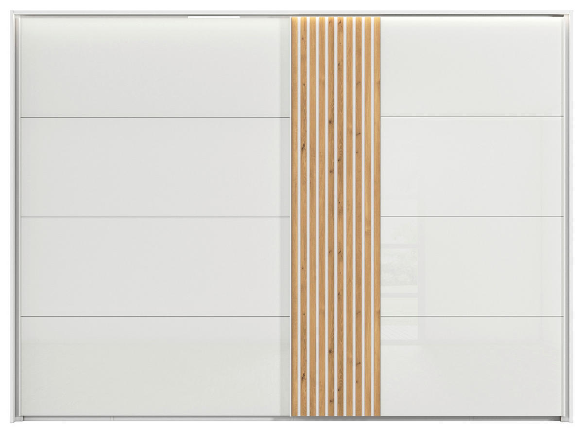 SCHWEBETÜRENSCHRANK  in Weiß, Eichefarben  - Eichefarben/Weiß, Design, Glas/Holzwerkstoff (301/223/68cm) - Novel