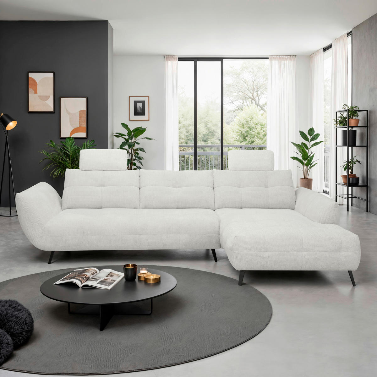 ECKSOFA  in Chenille Elfenbein  313/215 cm  - Elfenbein/Schwarz, KONVENTIONELL, Textil/Metall (313/215cm) - Hom`in