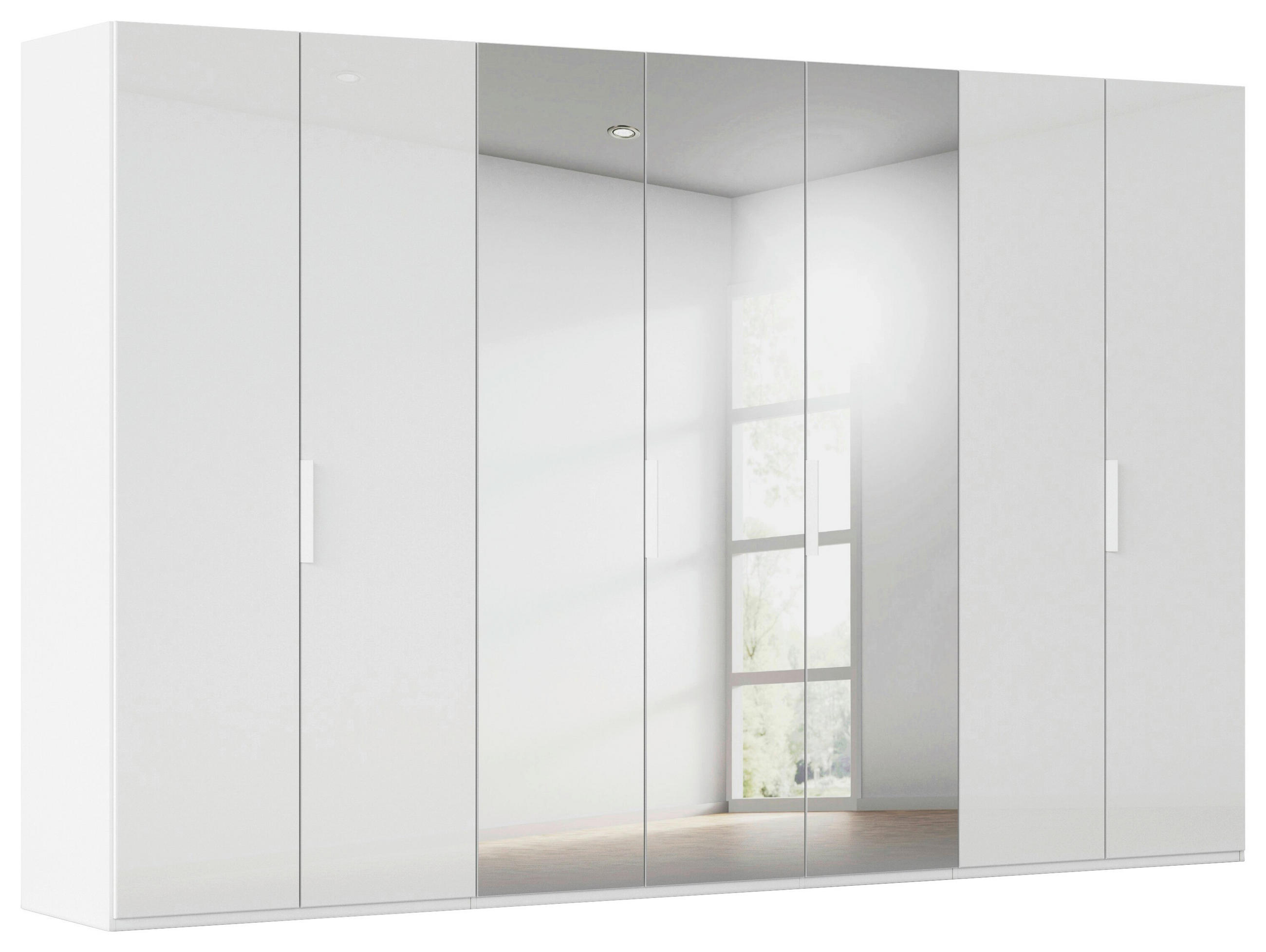 DREHTÜRENSCHRANK 350/235/61 cm,  in Weiß, Weiß Hochglanz, 7-türig  - Weiß Hochglanz/Weiß, Basics, Glas/Holzwerkstoff (350/235/61cm) - Novel