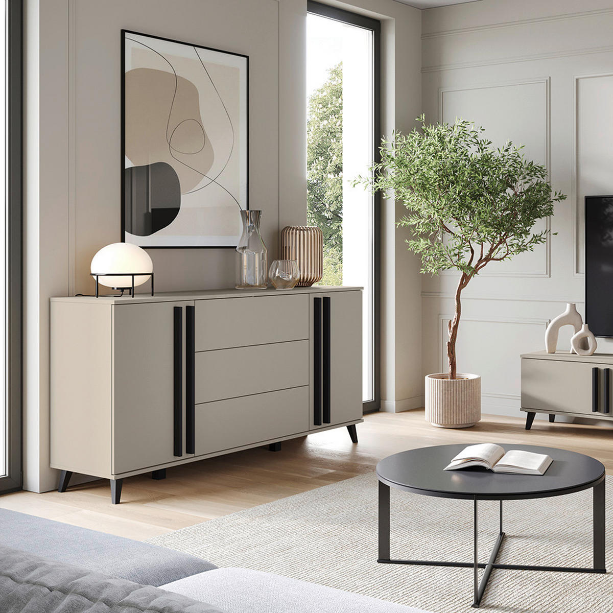 ŠIROKA KOMODA, bež  - črna/bež, Trend, umetna masa/leseni material (150/77,8/39,5cm)