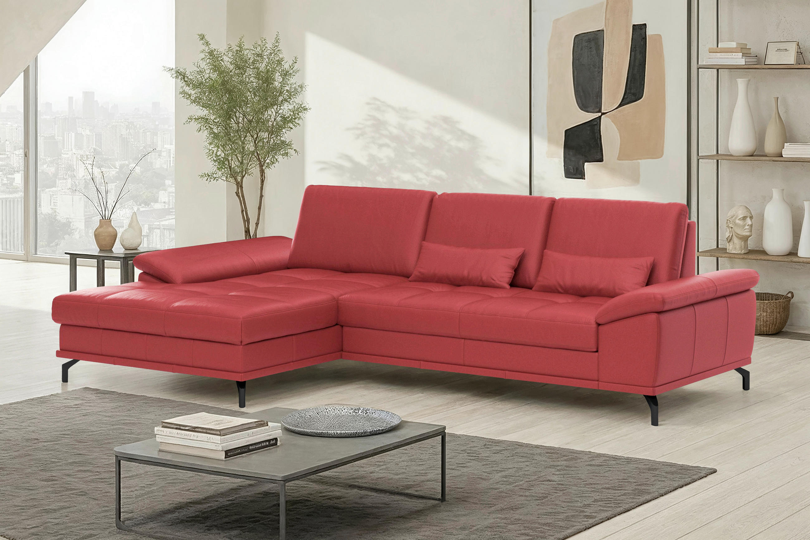 ECKSOFA 176/301 cm COSTELLO E in Echtleder Rot Nierenkissen, Armteilverstellung, Sitztiefenverstellung  176/301 cm  - Rot/Schwarz, Basics, Leder/Textil (176/301cm) - Sit & More