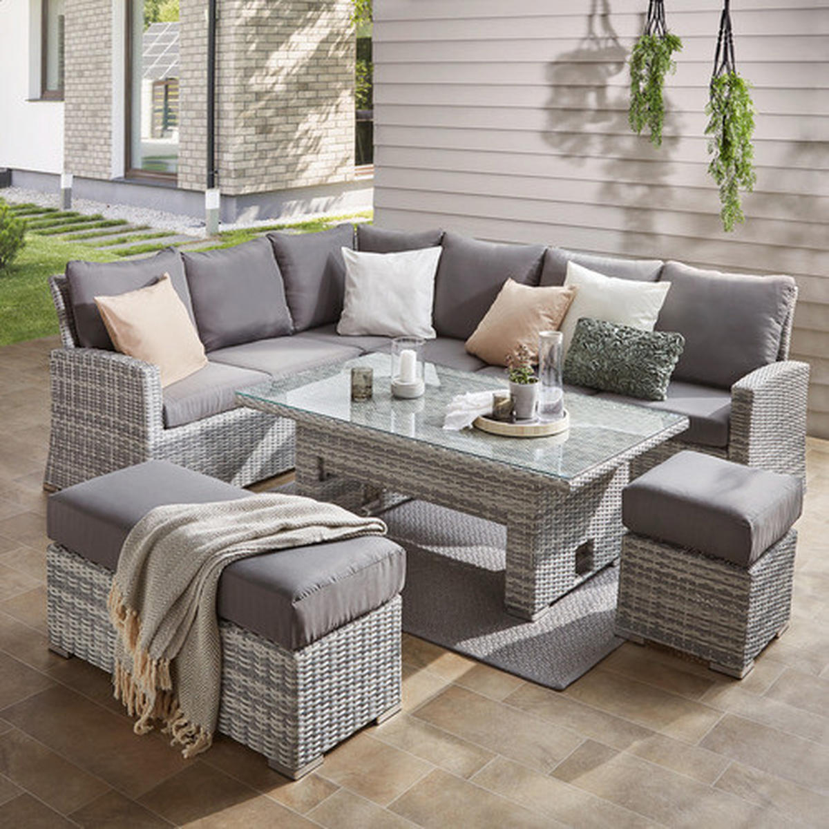 JEDÁLENSKÁ TERASOVÁ SÚPRAVA sklo, textil, kov, plast - sivá, Modern, kov/textil (177/192,5cm) - Ambia Garden