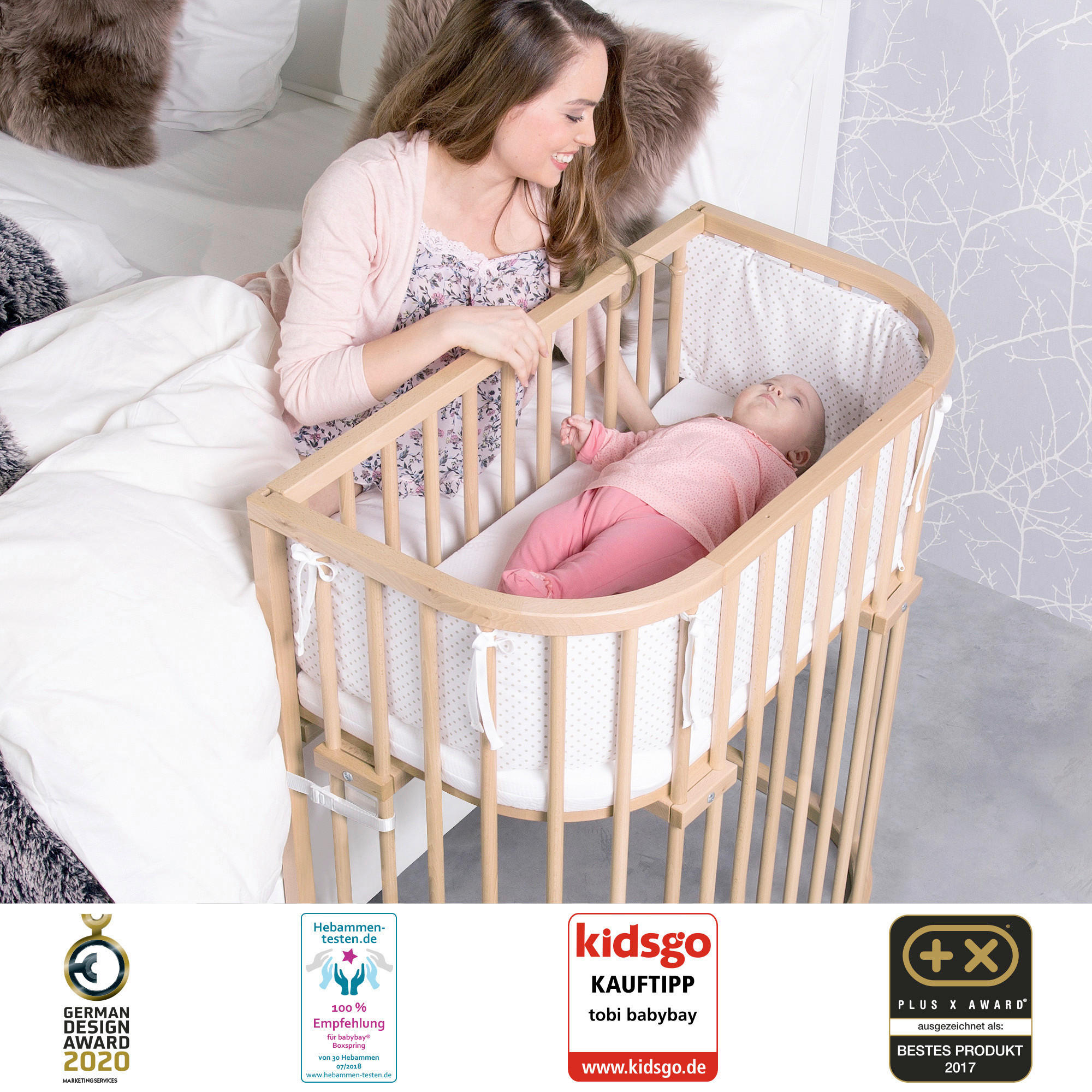 BEISTELLBETT Boxspring Comfort Plus   - Naturfarben, Basics, Holz (56,5/96,5/96cm) - Babybay