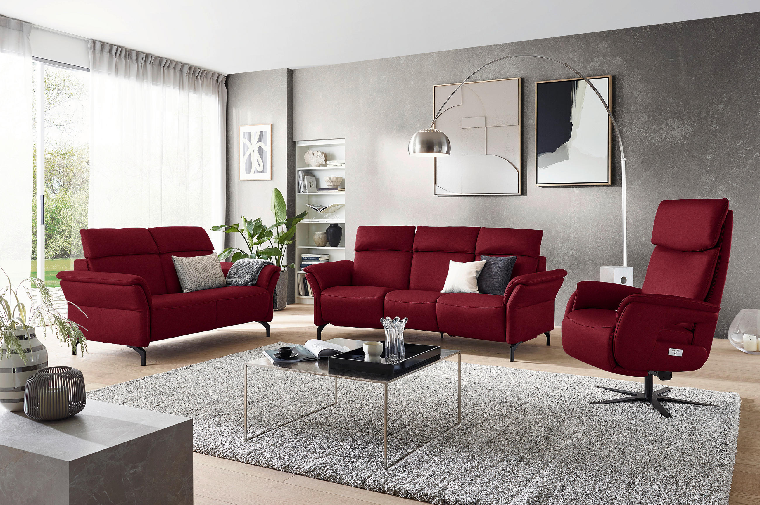TRAPEZSOFA in Mikrofaser Rot  - Rot/Schwarz, KONVENTIONELL, Textil/Metall (221/103/95cm) - Dieter Knoll