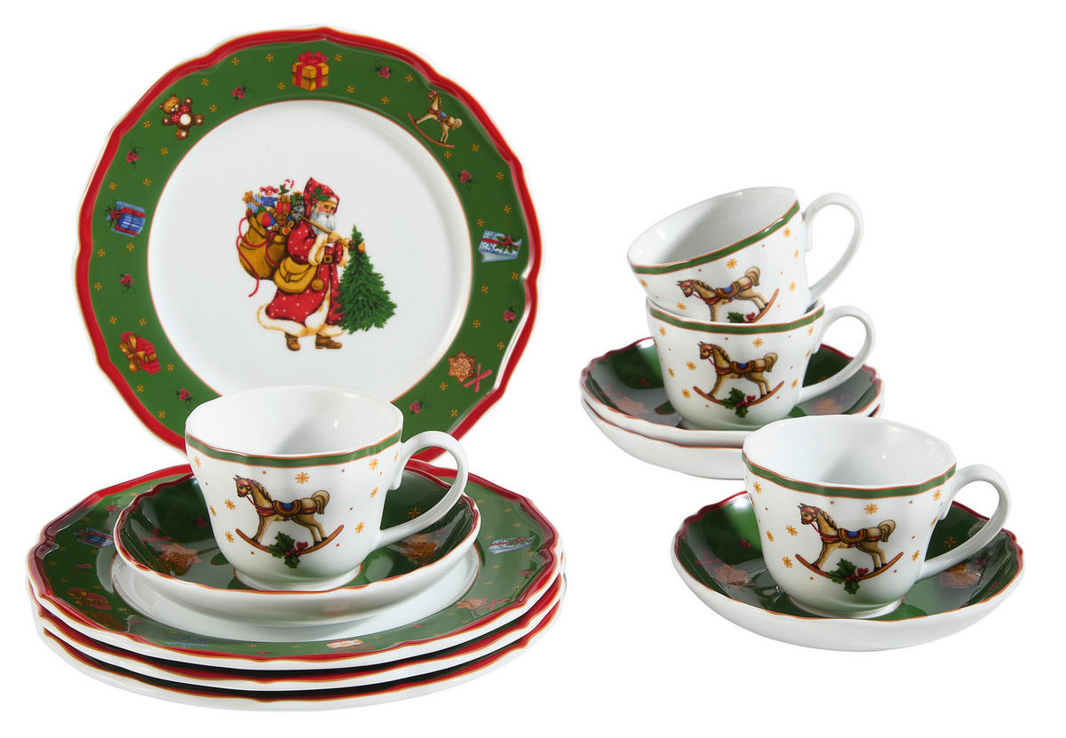 KAFFESERVIS 12 delar  - vit/grön, Klassisk, keramik - X-Mas