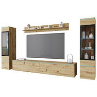 WOHNWAND 240/130/33 cm 4-teilig  in Eiche Artisan  240/130/33 cm  LED-Leuchtmittel   - Eiche Artisan/Grau, Basics, Glas/Holzwerkstoff (240/130/33cm) - P & B