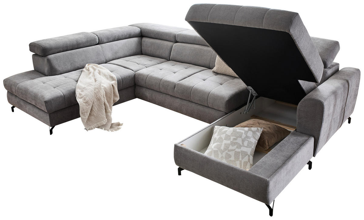 WOHNLANDSCHAFT Hellgrau Struktur  - Hellgrau/Schwarz, Design, Textil/Metall (203/327/177cm) - Stylife