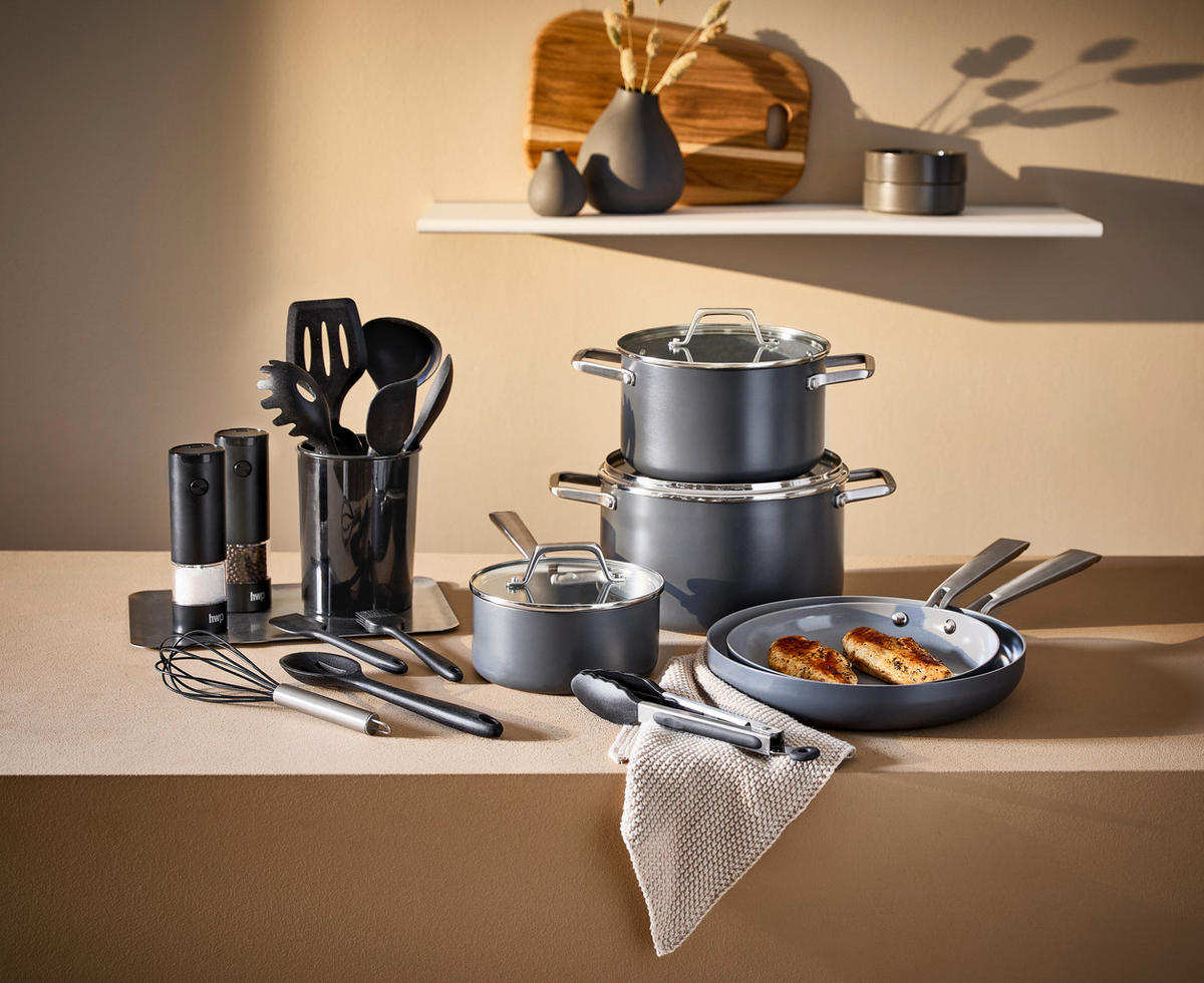 SADA HRNCŮ, 5dílné - šedá/průhledné, Basics, kov/sklo - Homeware Profession.