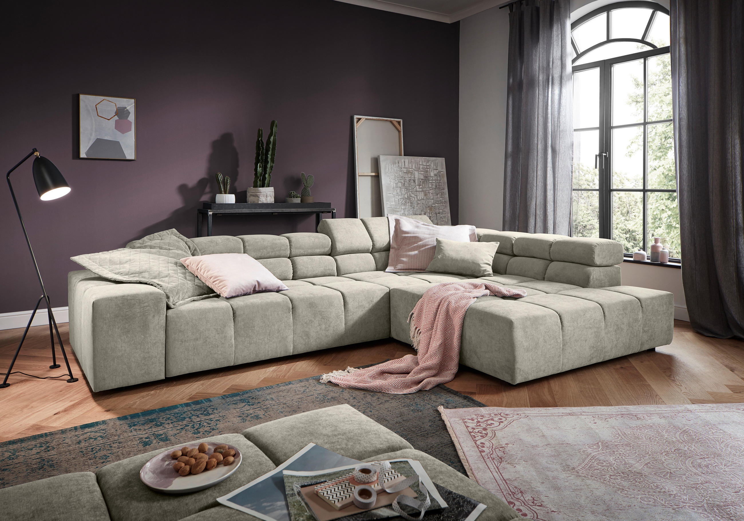ECKSOFA in Velours Creme  - Creme/Schwarz, Design, Kunststoff/Textil (317/213cm) - Hom`in