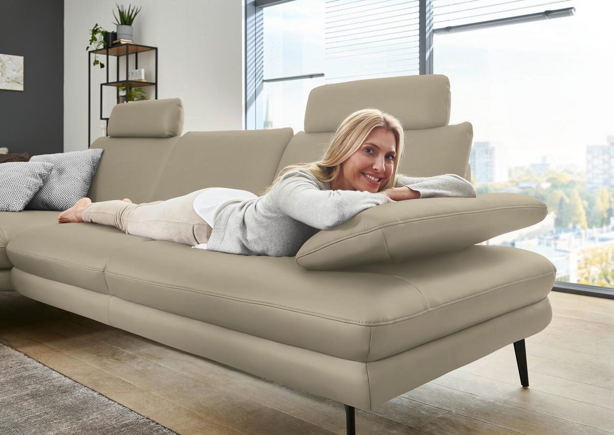 ECKSOFA in Echtleder Creme, Naturfarben  - Creme/Schwarz, Design, Leder/Metall (180/310cm) - Dieter Knoll