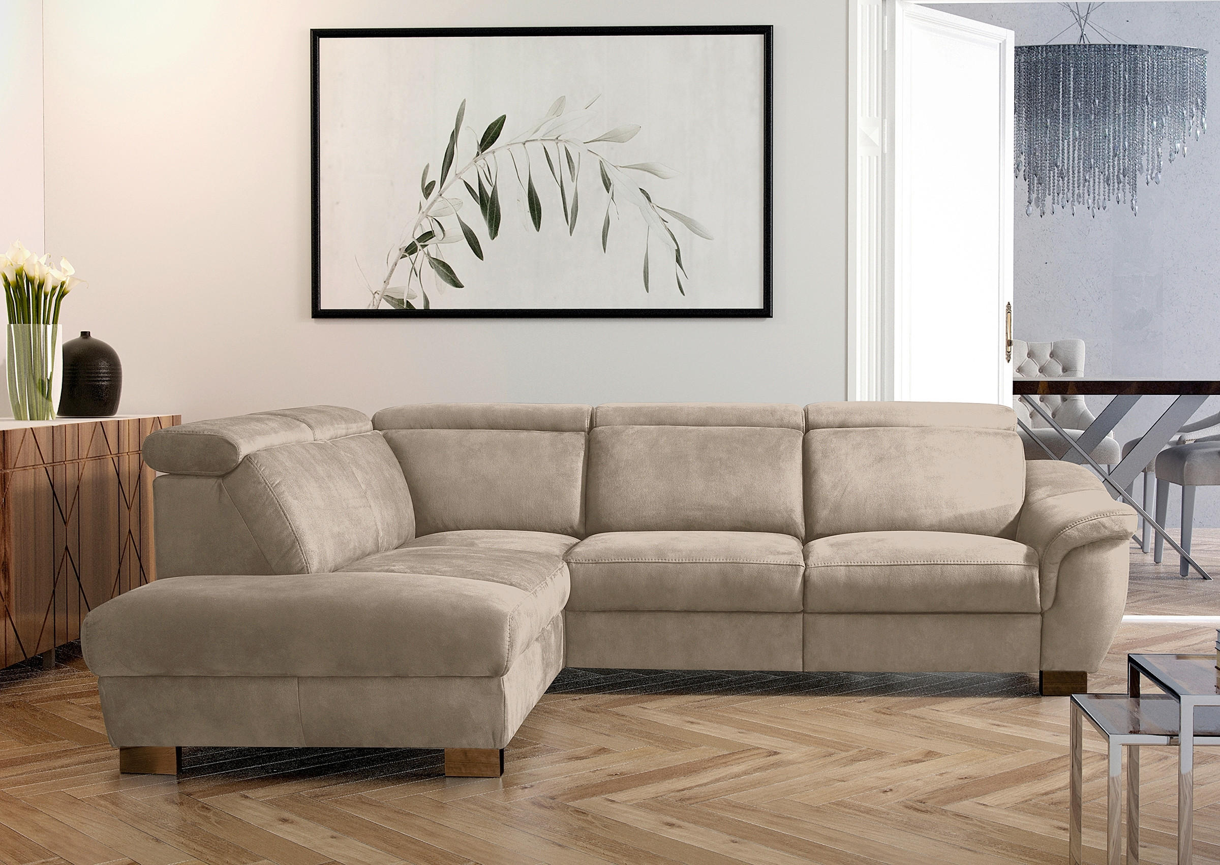 ECKSOFA TREND in Mikrofaser Taupe Bettkasten, Relaxfunktion, Kopfteilverstellung  238/276 cm  - Taupe/Wengefarben, Design, Holz/Textil (238/276cm) - Livetastic
