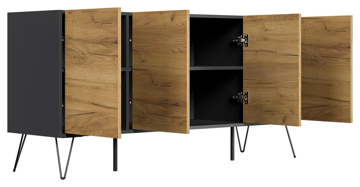 SIDEBOARD Posseik Industrial  in 155/75,8/42 cm  - Eichefarben/Graphitfarben, Design, Holzwerkstoff/Metall (155/75,8/42cm) - P & B
