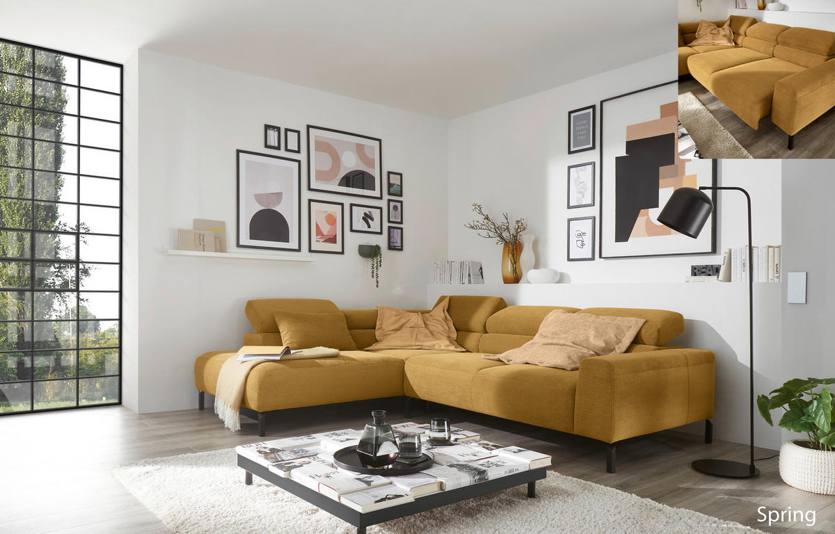 ECKSOFA Ottomane links  Gelb Feincord  - Gelb/Schwarz, Design, Textil/Metall (219/273cm) - Pure Home Lifestyle