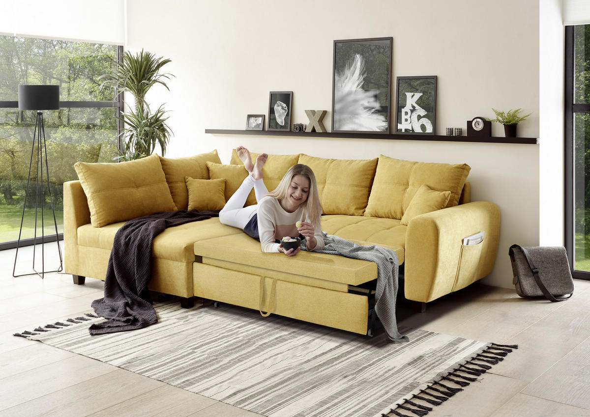 ECKSOFA in Mikrovelours Gelb  - Gelb/Schwarz, Basics, Holzwerkstoff/Kunststoff (176/248cm) - MID.YOU