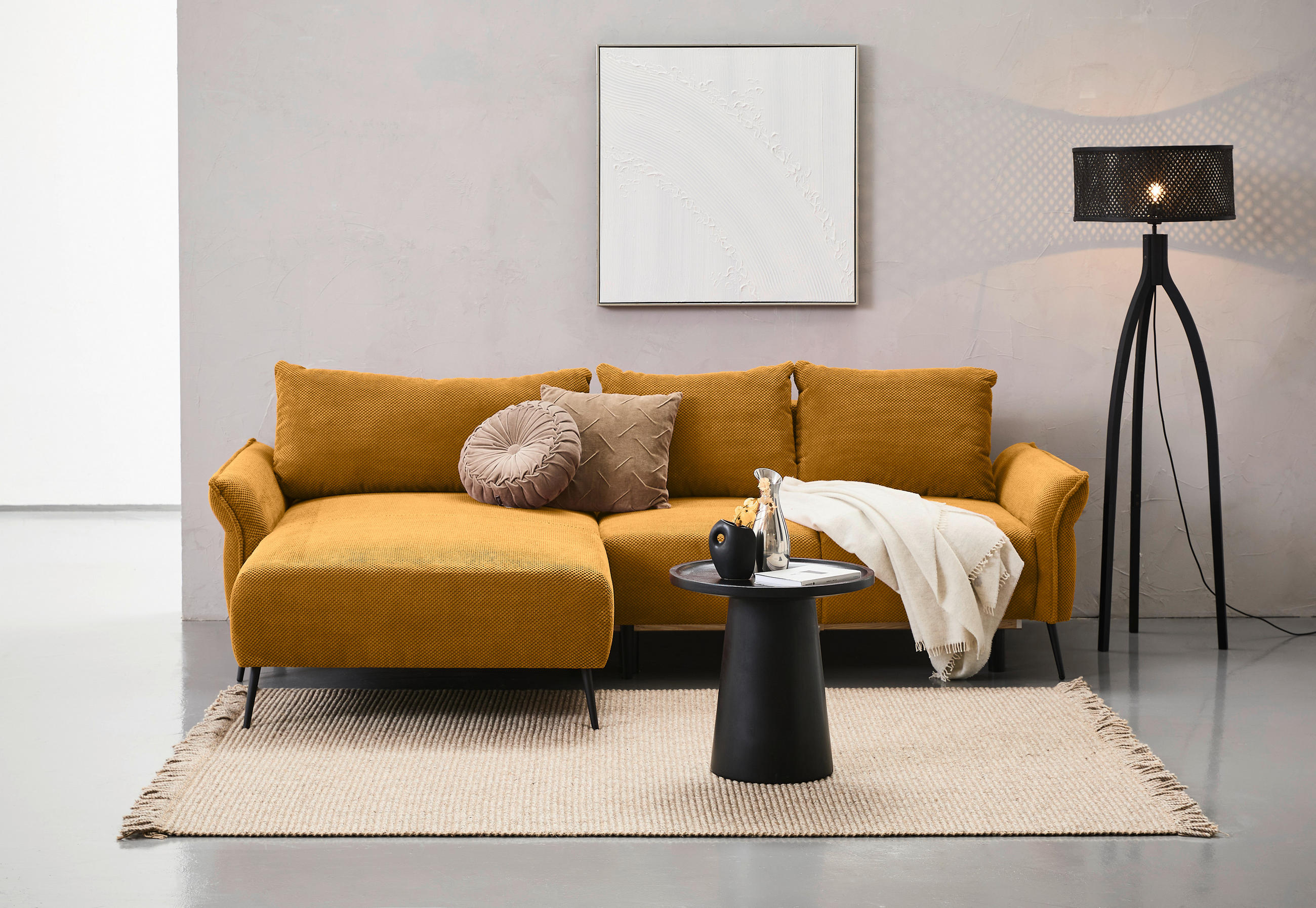 ECKSOFA in Chenille Currygelb  164/255 cm  - Currygelb/Schwarz, KONVENTIONELL, Textil/Metall (164/255cm) - Carryhome