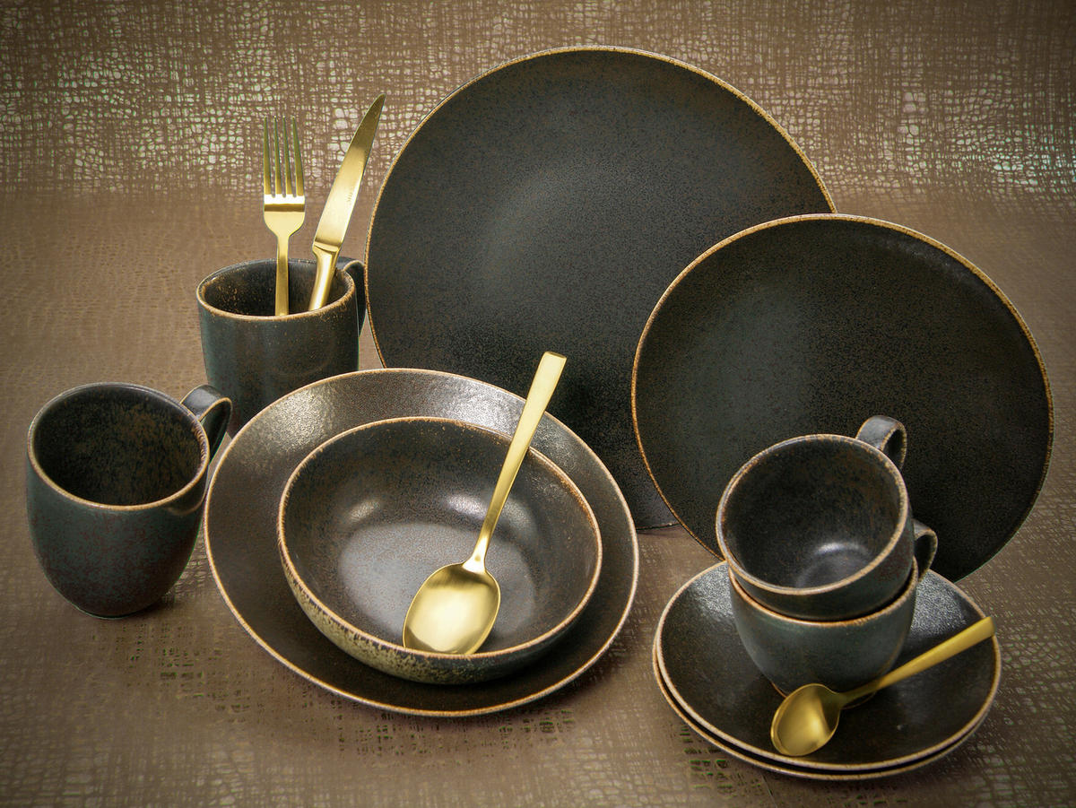 KOMBISERVICE Schwarz, Goldfarben Rusty 20-teilig 4 Personen  - Goldfarben/Schwarz, Design, Keramik (33/34/34cm) - Creatable