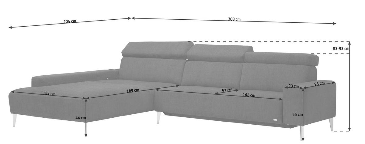 ECKSOFA  in Flachgewebe Grau  205/308 cm  - Schwarz/Grau, Design, Textil/Metall (205/308cm) - Sedda