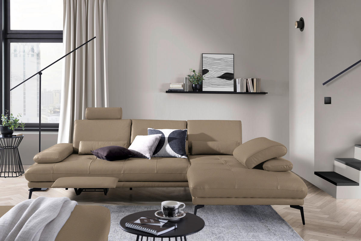 ECKSOFA in Echtleder Mokka  - Schwarz/Mokka, Design, Leder/Metall (273/187cm) - Celina Home