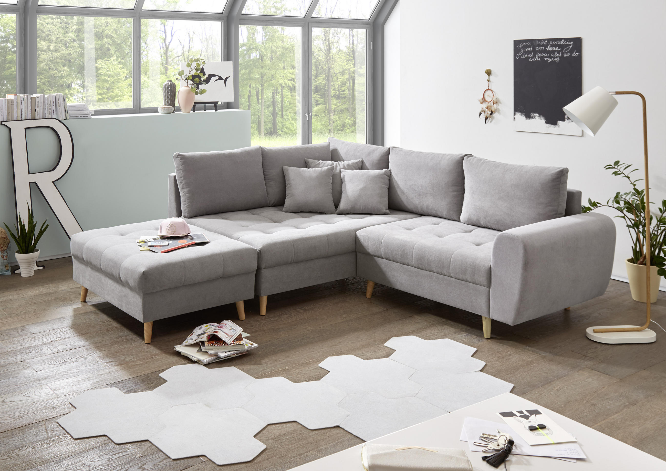 TABURETKA, textil, kompozitné drevo, 106/48/80 cm - farby borovice/svetlosivá, Konventionell, drevo/kompozitné drevo (106/48/80cm) - MID.YOU