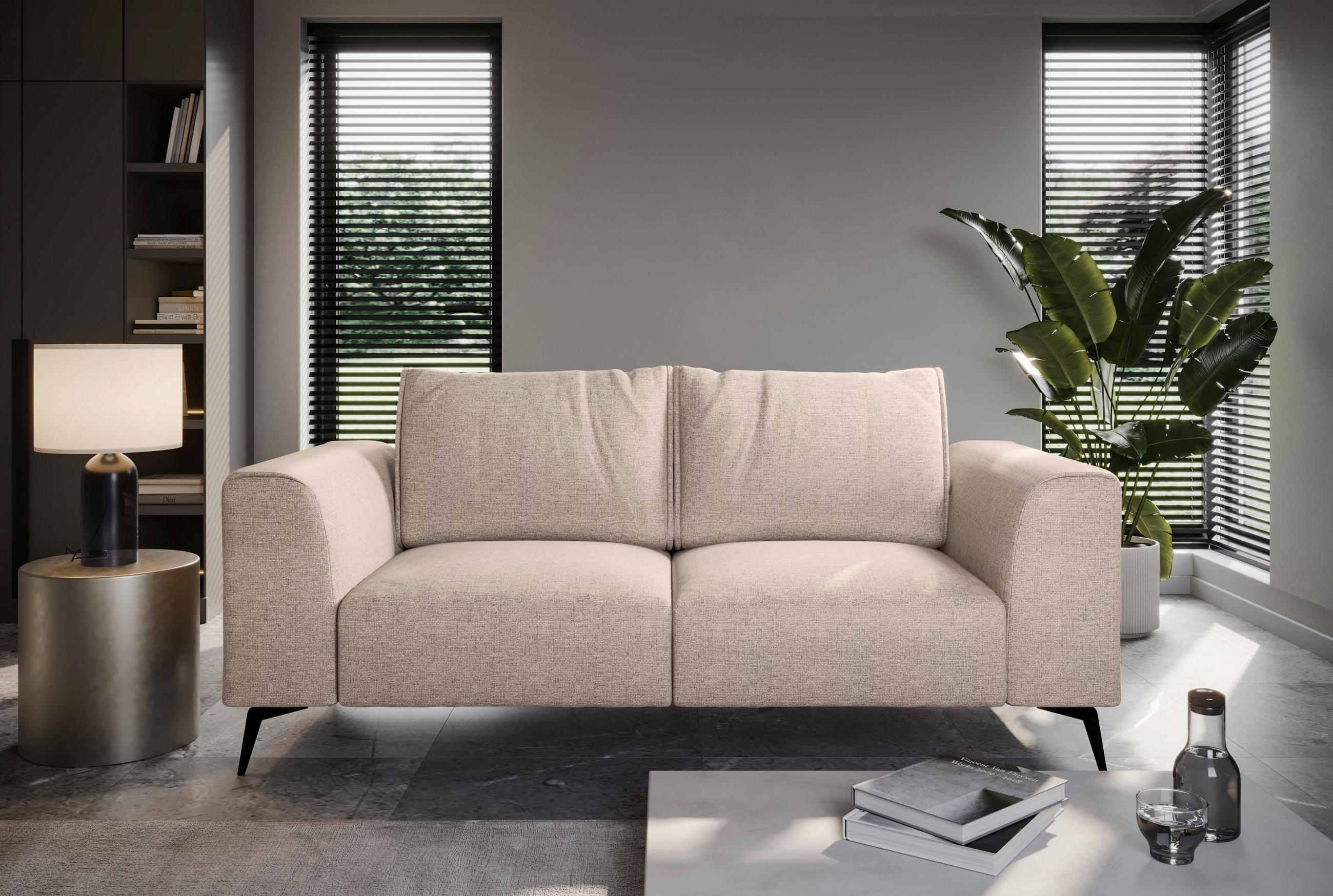 2-SITZER-SOFA beflockt Beige  - Beige/Schwarz, Design, Holz/Textil (186/88/90cm) - MID.YOU