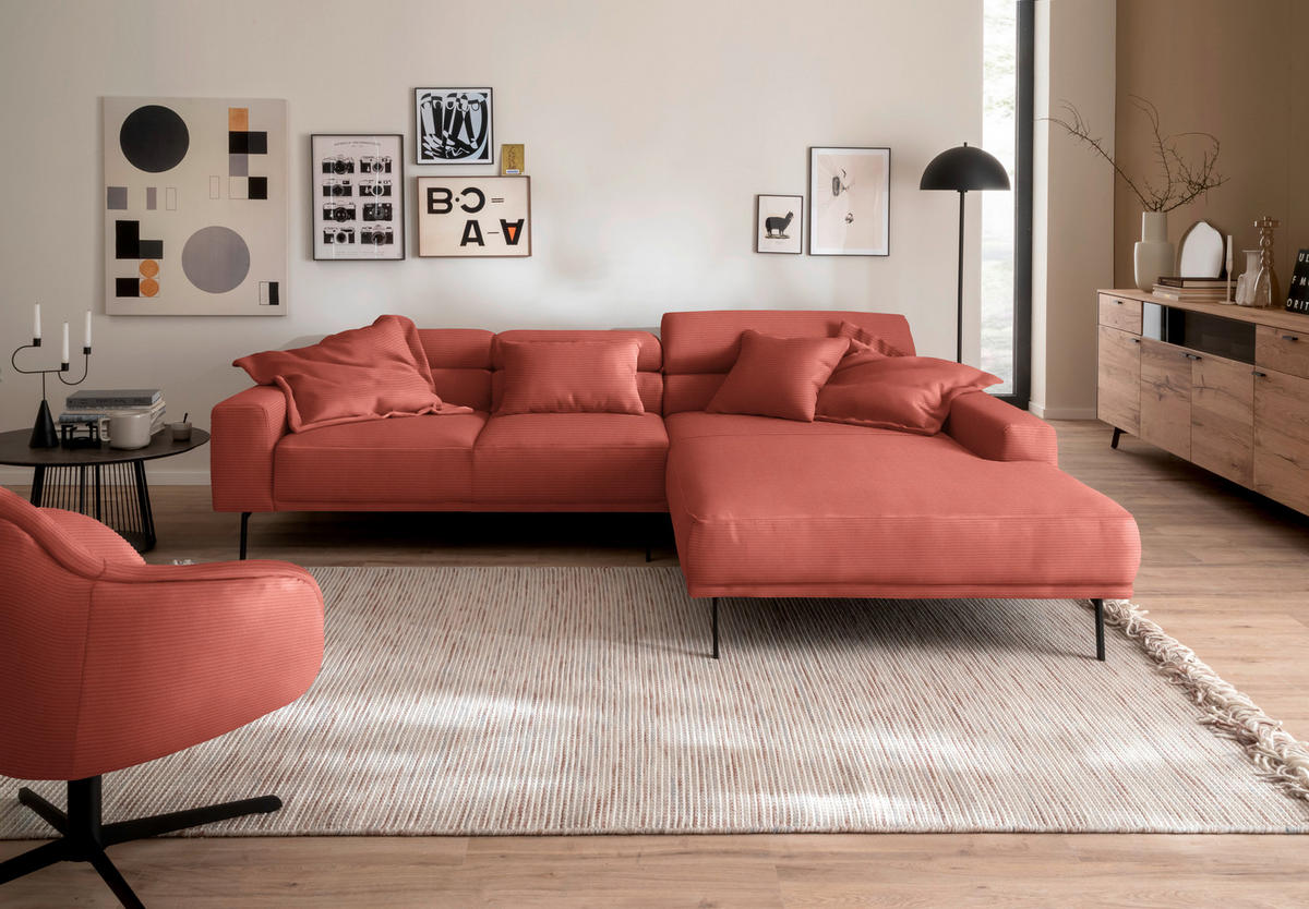 ECKSOFA Cord Koralle  - Koralle/Schwarz, Design, Textil/Metall (293/215-217cm) - Schöner Wohnen